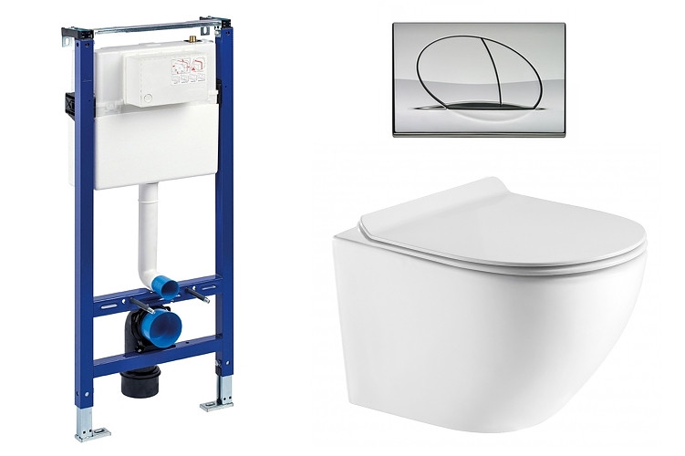 Liv-Fluidmaster Wc set Ring Gips podmítková nádrž do sádrokartonu, mísa, sedátko a lesklý chrom tlačítko 195872 - SET(223468, OLKLT046E, 195872)