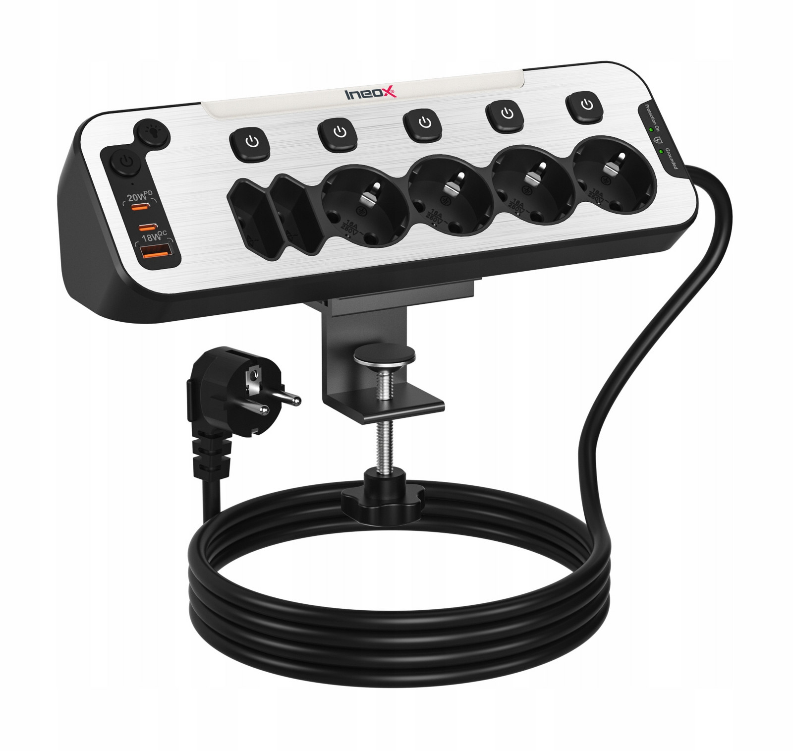 Víceúčelová přepěťová ochrana 2100J 6xAC 3xUSB Ineox LZW-6UMB