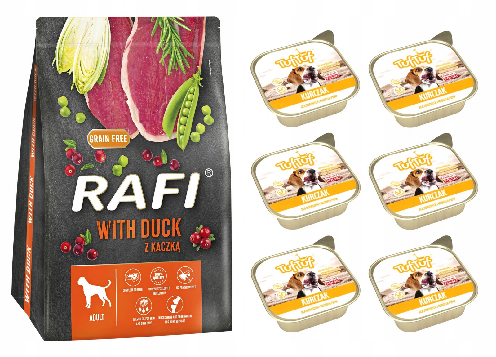 krmivo pro psy: suchá Rafi kachna 3 kg mokrá Tuf Tuf kachna 6x300 g