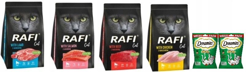 Suché krmivo pro kočky Rafi Cat – mix chutí 4 x 1,5 kg krmivo Dreamies 2 x 180 g