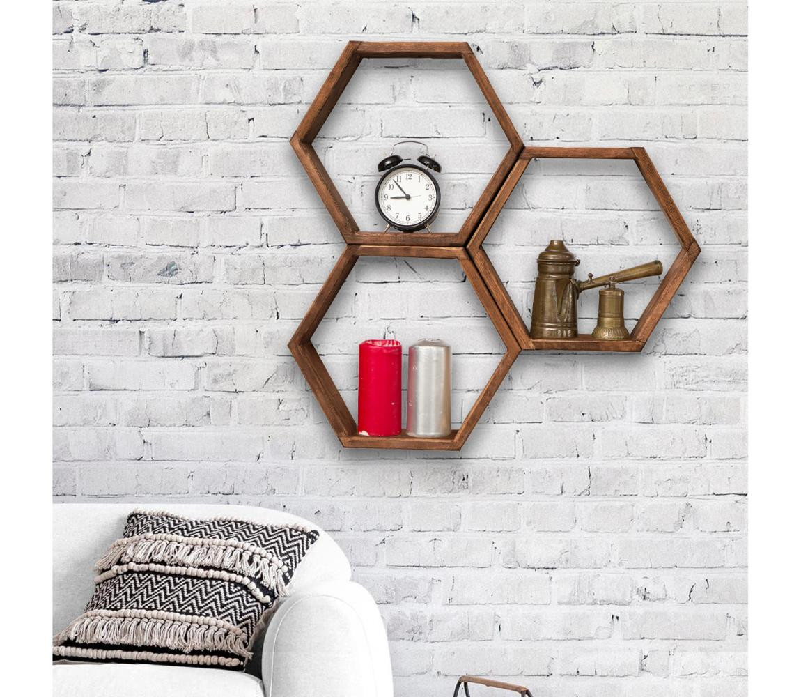 SADA 3x Nástěnná police ELFO 38x58 cm hnědá