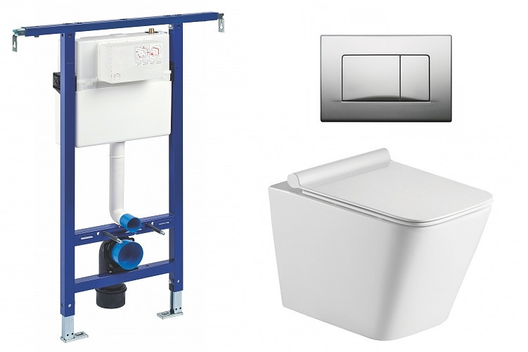 Liv-Fluidmaster Wc set Square Core podmítková nádrž do bytového jádra, rimless mísa, sedátko a tlačítko matný chrom 195866 - SET(222021, OLKLT052E, 195866)