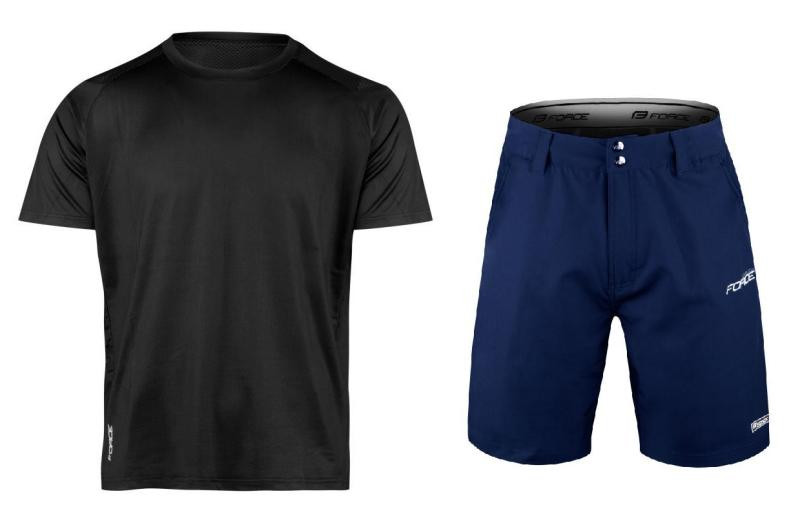 Force MTB MOUNT černý cyklodres krátký rukáv + Force BLADE MTB tm.modré cyklokraťasy
