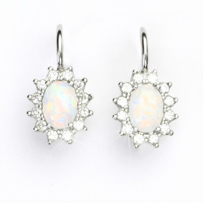 Stříbrné náušnice Kate, syntetický bílý opál, čiré zirkony, stříbro, NK 1480