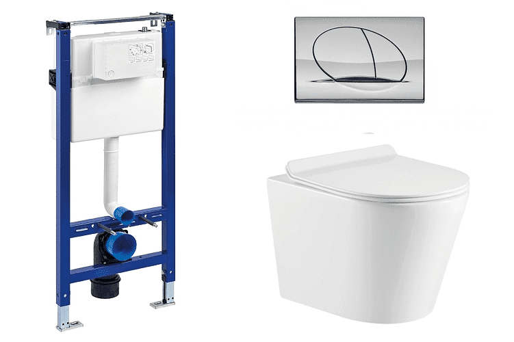 Liv-Fluidmaster Wc set Ring II Gips podmítková nádrž do sádrokartonu, mísa, sedátko a lesklý chrom tlačítko 195872 - SET(195872, 223468,  OLKLT053ER)