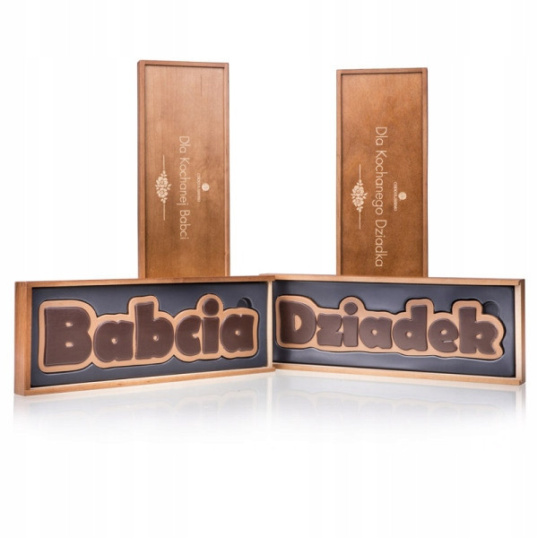 Sada čokoládových nápisů v dřevěných krabičkách Babička a dědeček