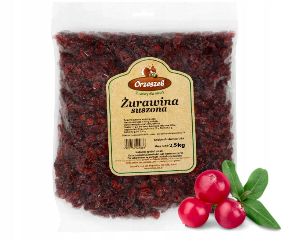 Sušené brusinky Orzeszek 2,5 kg Řezaná Přísada Do Koláčů Kaší Dezertů