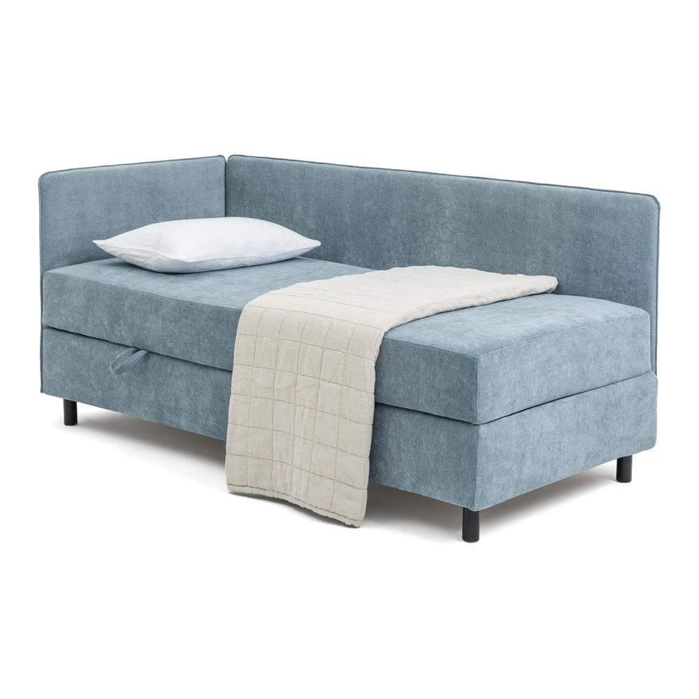 Modrá čalouněná jednolůžková postel s úložným prostorem s matrací 120x200 cm Avela – Bonami Selection