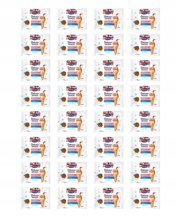 Megabalení Butcher's Delicious Dinners pro kočky 2 x 32 ks (64 x 100 g) - Smíšené balení: losos, pstruh