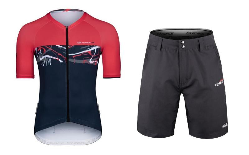 Force ART tm. modrý-červený cyklodres - kr. rukáv + Force BLADE MTB černé cyklokraťasy