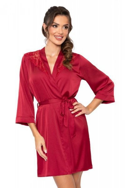 Szlafrok satynowy z koronką - Mari bordowy 42/XL