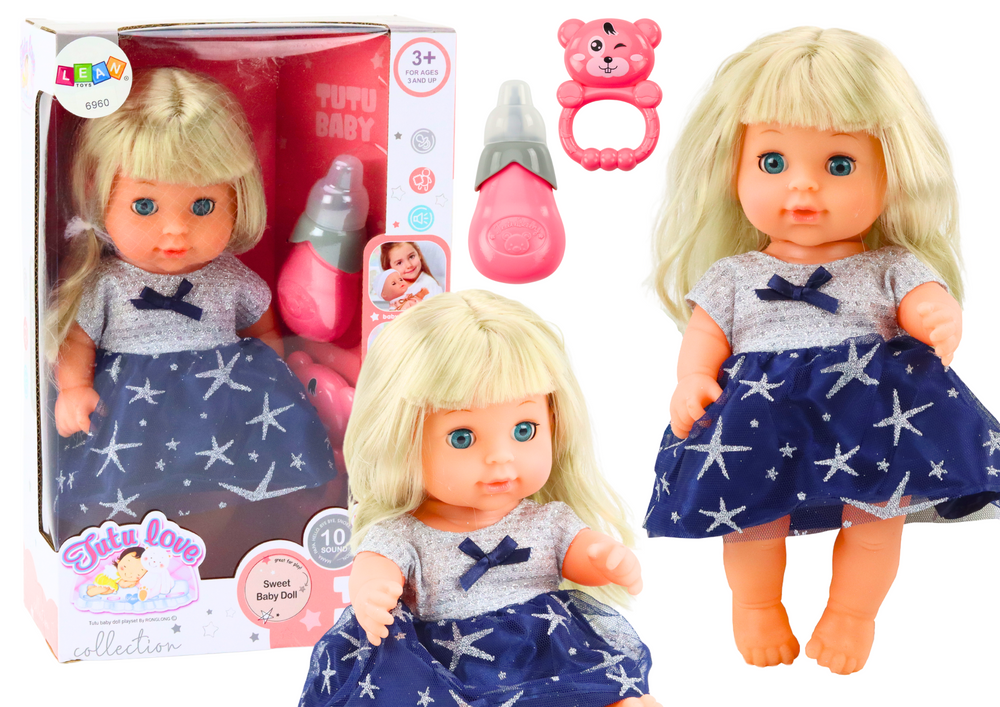 mamido Panenka v tmavě modrých šatech s lahvičkou, chrastítkem a zvuky čůrající