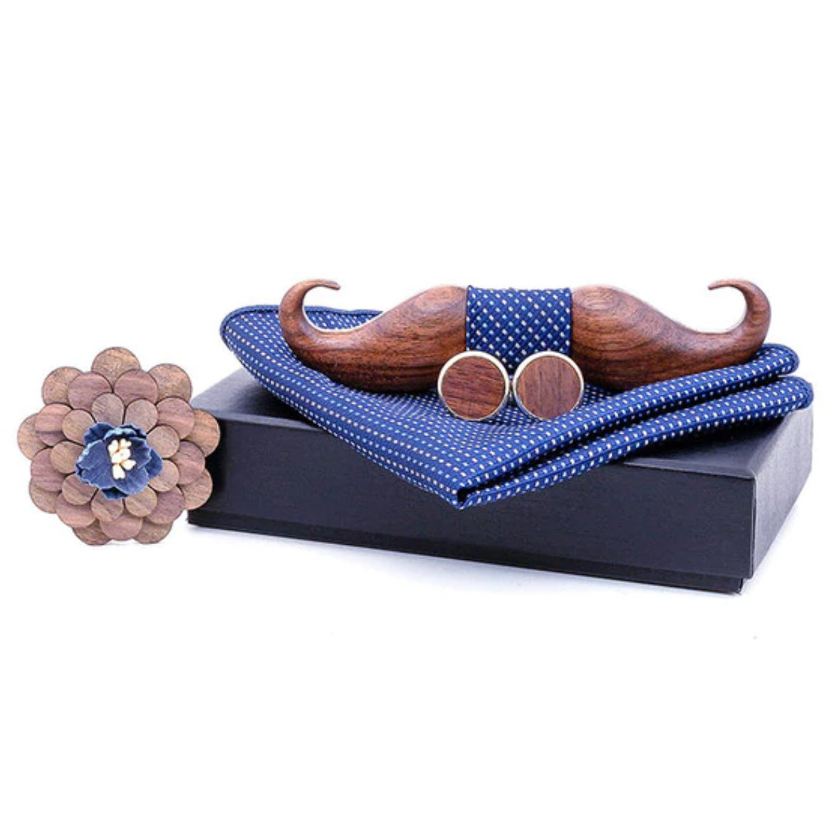 Dřevěný motýlek s kapesníčkem a manžetovými knoflíčky a broží 709216 - hnědý-modrý