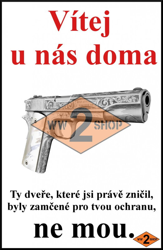 Výstražná cedule dveře (více motivů)- formát A5, A4, motiv cedule Colt 1911, velikost cedule formát papíru A4