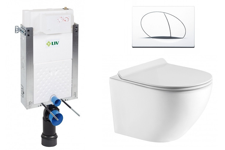 Liv-Fluidmaster Wc set Ring Wall podmítková nádrž do zdiva, rimless mísa, sedátko a bílé tlačítko 195853 - SET(195853, 669931, OLKLT046E)