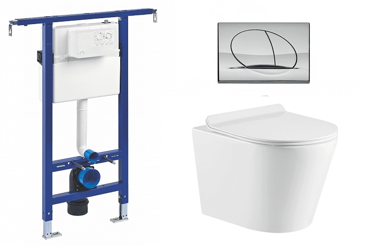 Liv-Fluidmaster Wc set Ring II Core podmítková nádrž do bytového jádra, rimless mísa, sedátko a tlačítko lesklý chrom 195872 - SET(222021, OLKLT053ER, 195872)