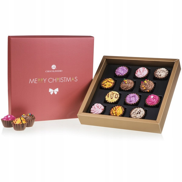 Sada 12 pralinek ve tvaru CupCakes ve zlato-červené krabičce na Vánoce