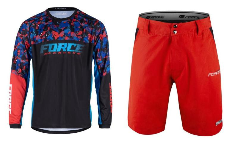 Force RECKLESS černo-červeno-modrý mtb dres - dl. rukáv + Force BLADE MTB červené šortky