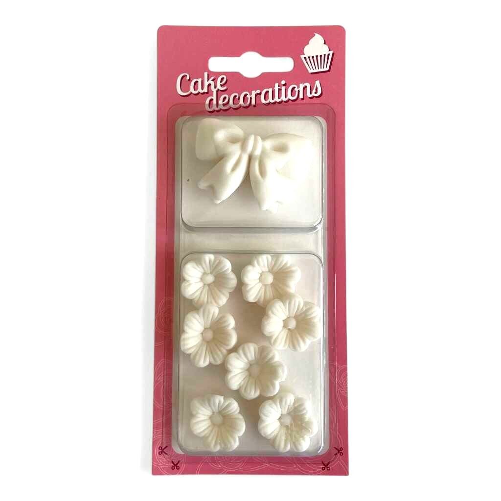 Cukrová dekorace Bílé mašle a květy