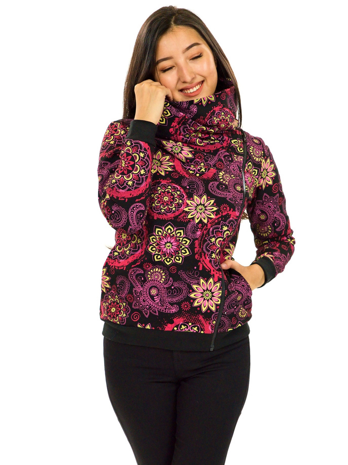 Himalife Hřejivá mikina na zip s maxi límcem Tonga - černá s růžovou Velikost: S