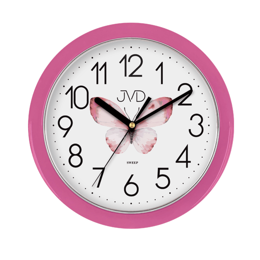 DĚTSKÉ NÁSTĚNNÉ HODINY JVD MOTÝL RŮŽOVÉ