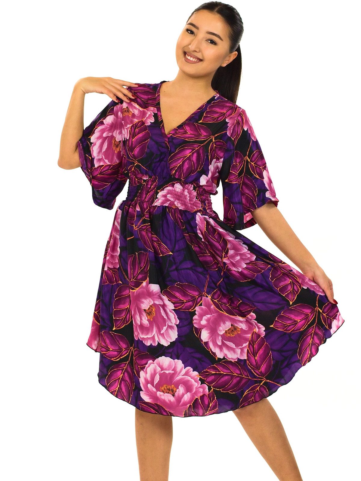 Himalife Šaty s širokými rukávy Corina - fialová s růžovou Velikost: XXL/3XL