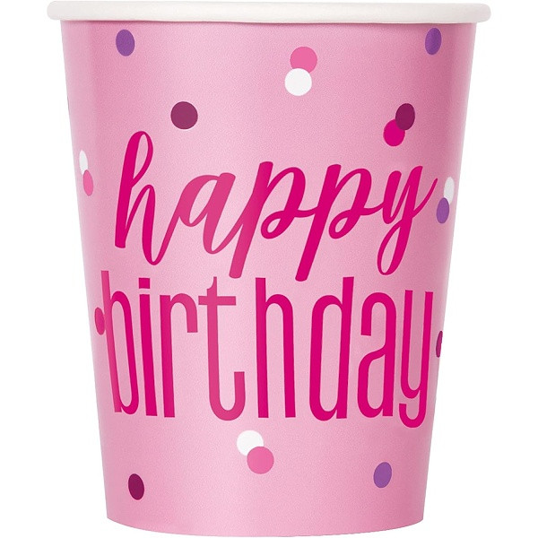 Kelímky papírové Happy Birthday růžové 266 ml 8 ks