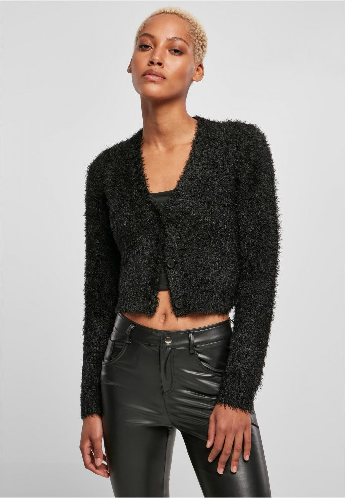 Ladies Cropped Feather Cardigan - black XL
