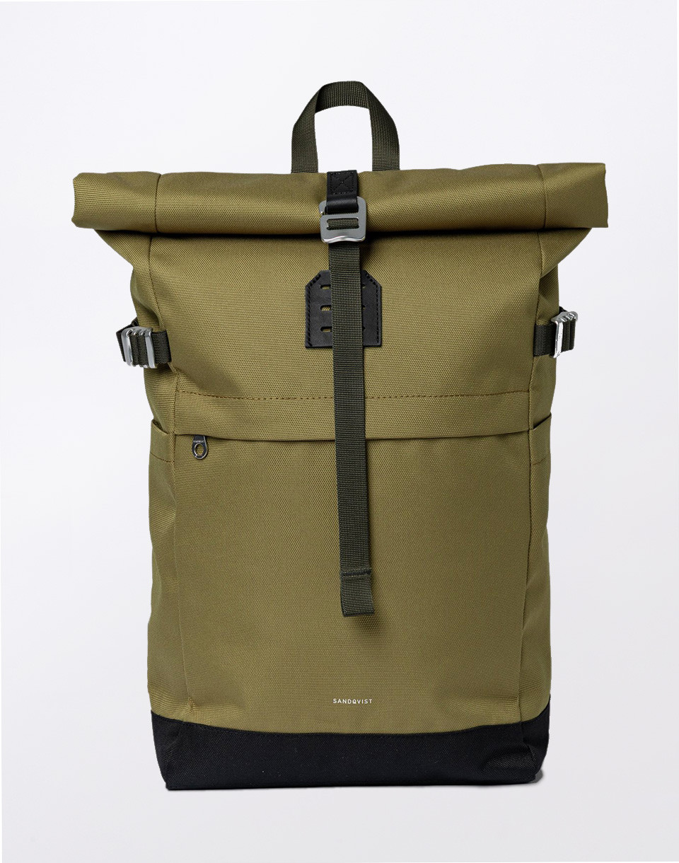 Sandqvist Icon Rolltop Backpack M Olive drab with black leather