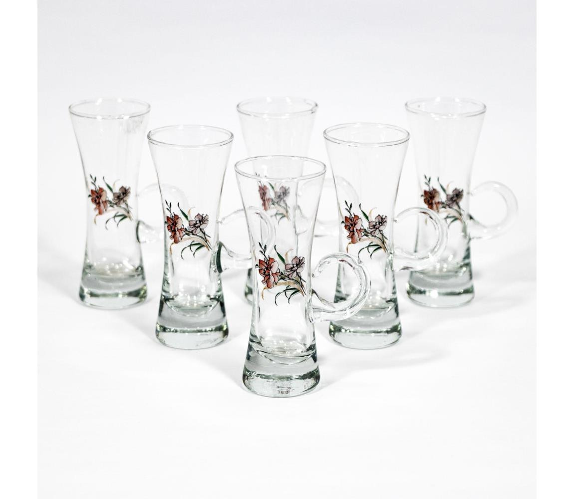 Sada 6x sklenice na likér s uchem čirá s motivem kytice