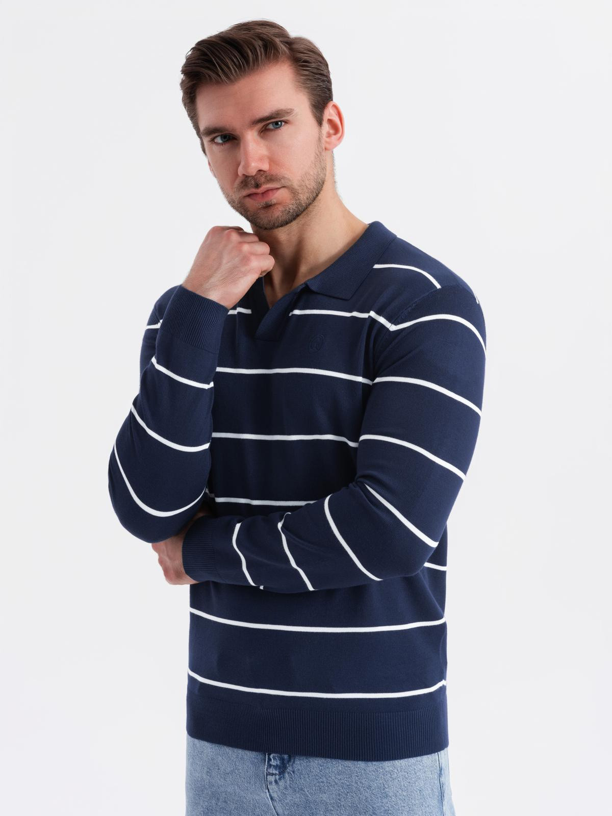 Ombre Men's horizontal striped polo longsleeve with viscose - white and navy blue