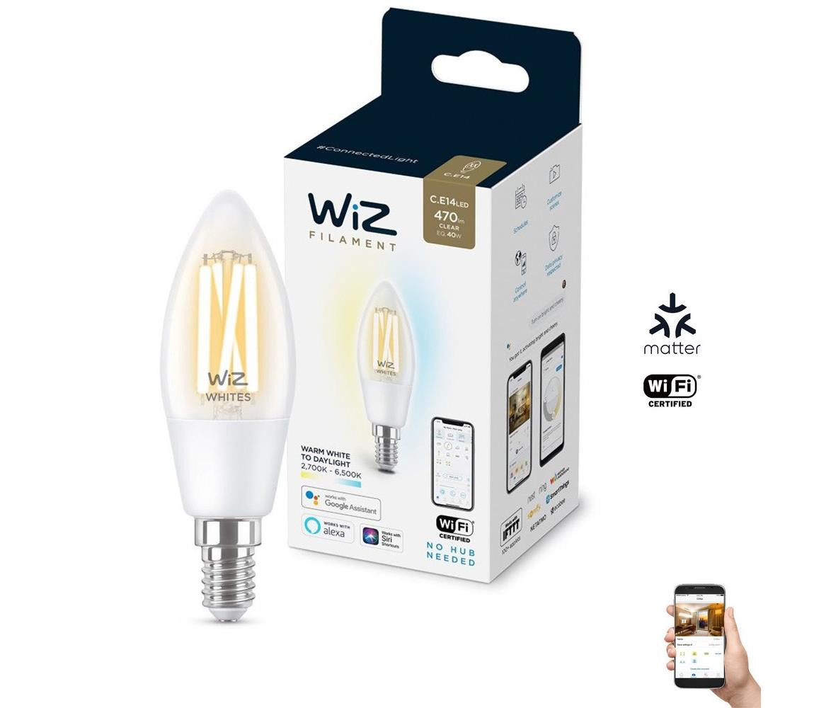 WiZ LED Stmívatelná žárovka C35 E14/4,9W/230V 2700-6500K CRI 90 Wi-Fi - WiZ