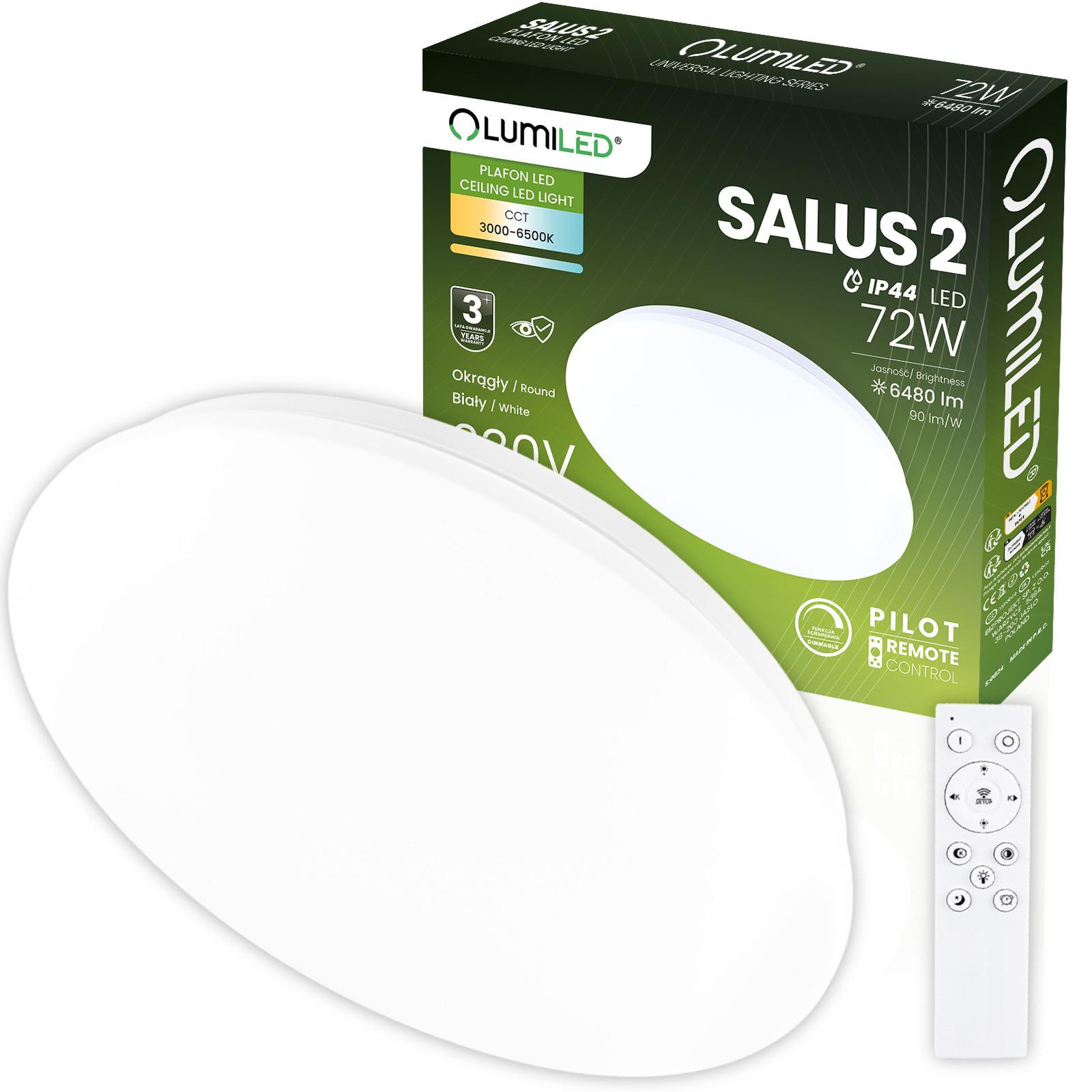 Plafon LED Svítidlo stropní přisazené SALUS2 72W IP44 CCT Bílý kruhové 50cm + Ovladač LUMILED