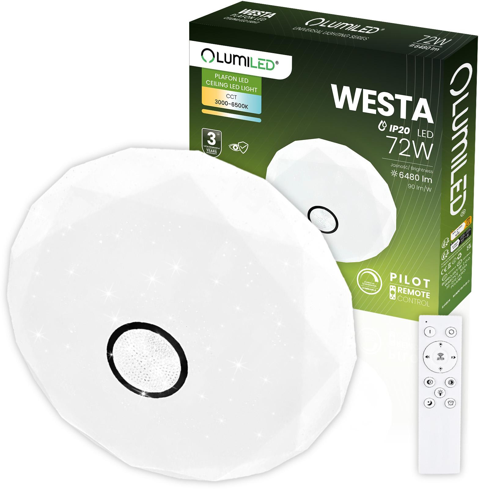 Plafon LED Svítidlo stropní přisazené WESTA 72W CCT Bílý kruhové 50cm + Ovladač LUMILED