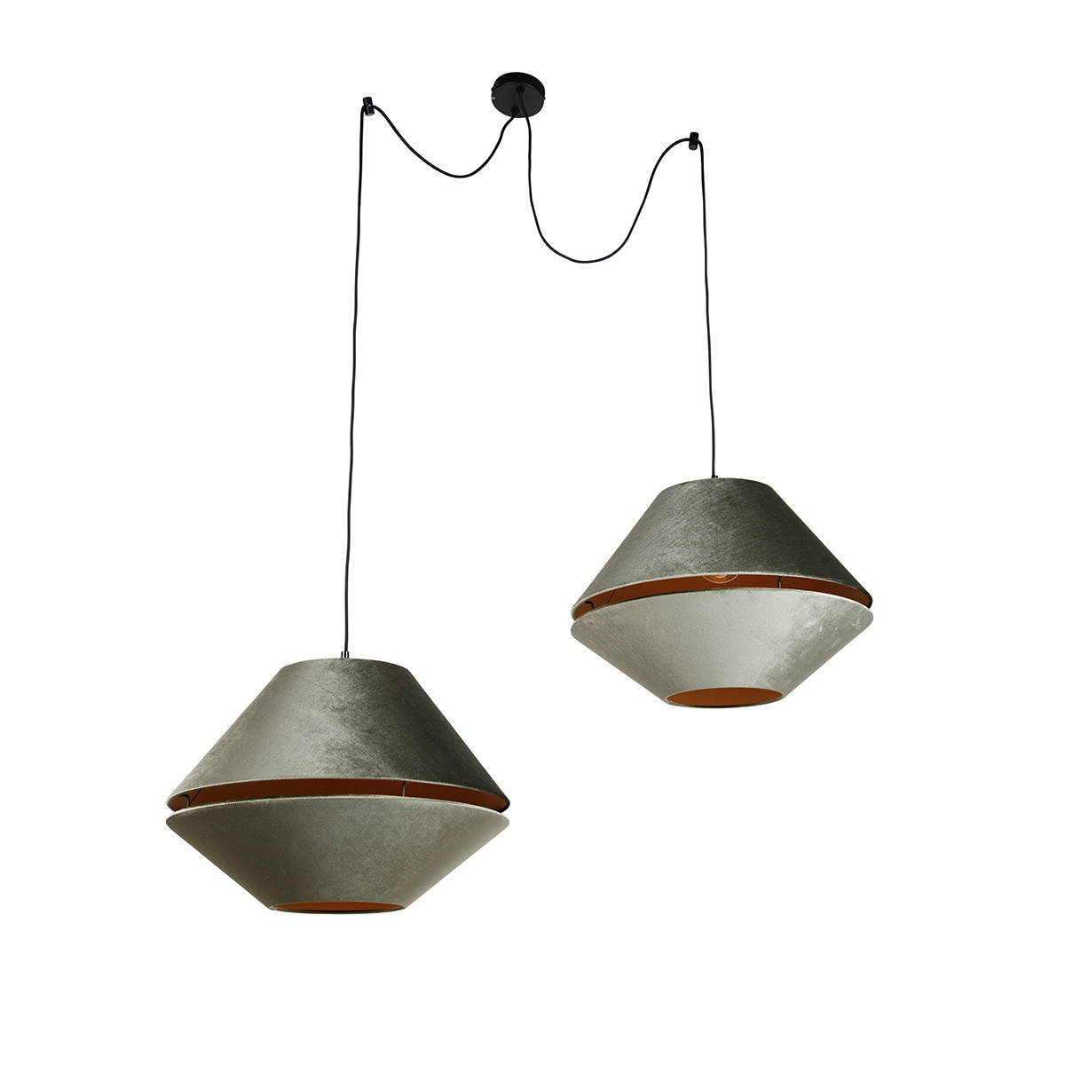 Hanglamp zwart met dubbele velours lampenkap groen met gouden binnenkant 2-lichts - Cava Luxe