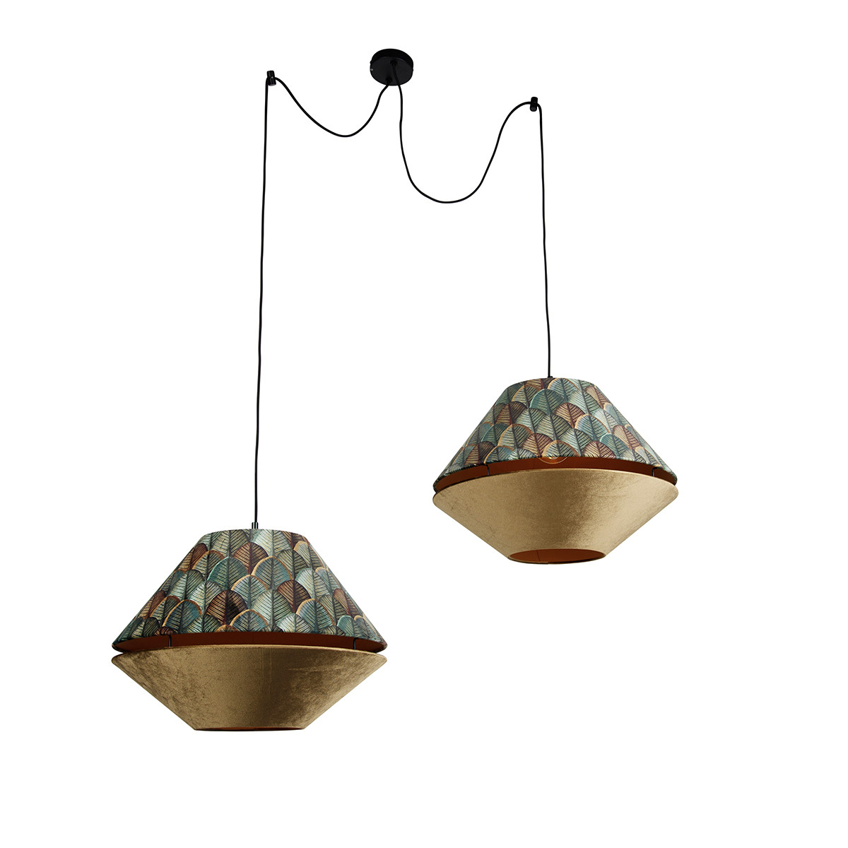 Hanglamp zwart met dubbele velours lampenkap blad dessin en beige 2-lichts - Cava Luxe