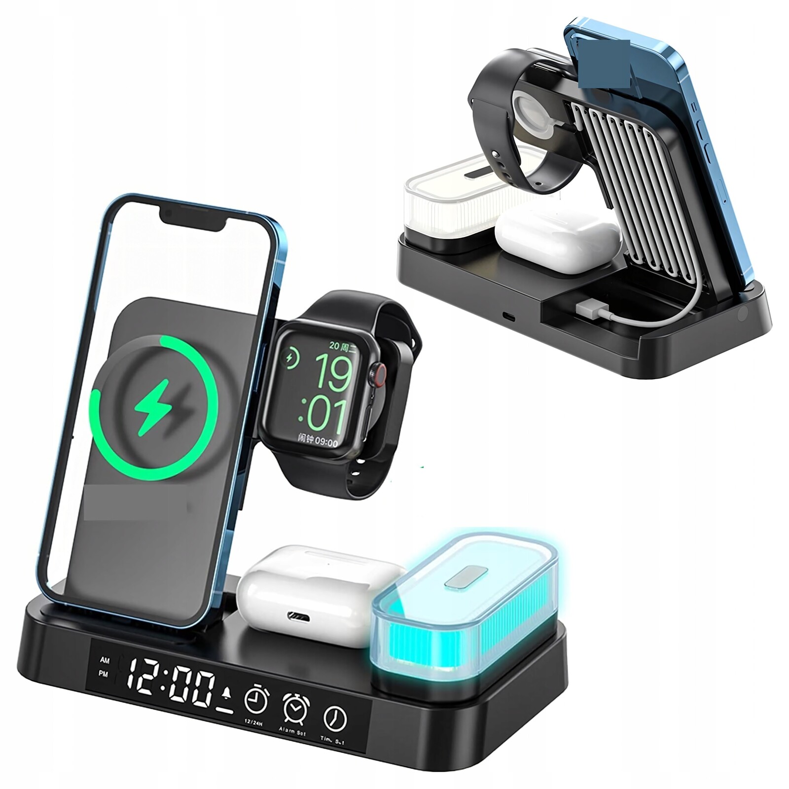 Indukční nabíječka Bezdrátová indukční stanice 15W noční lampa 4v1 Qi