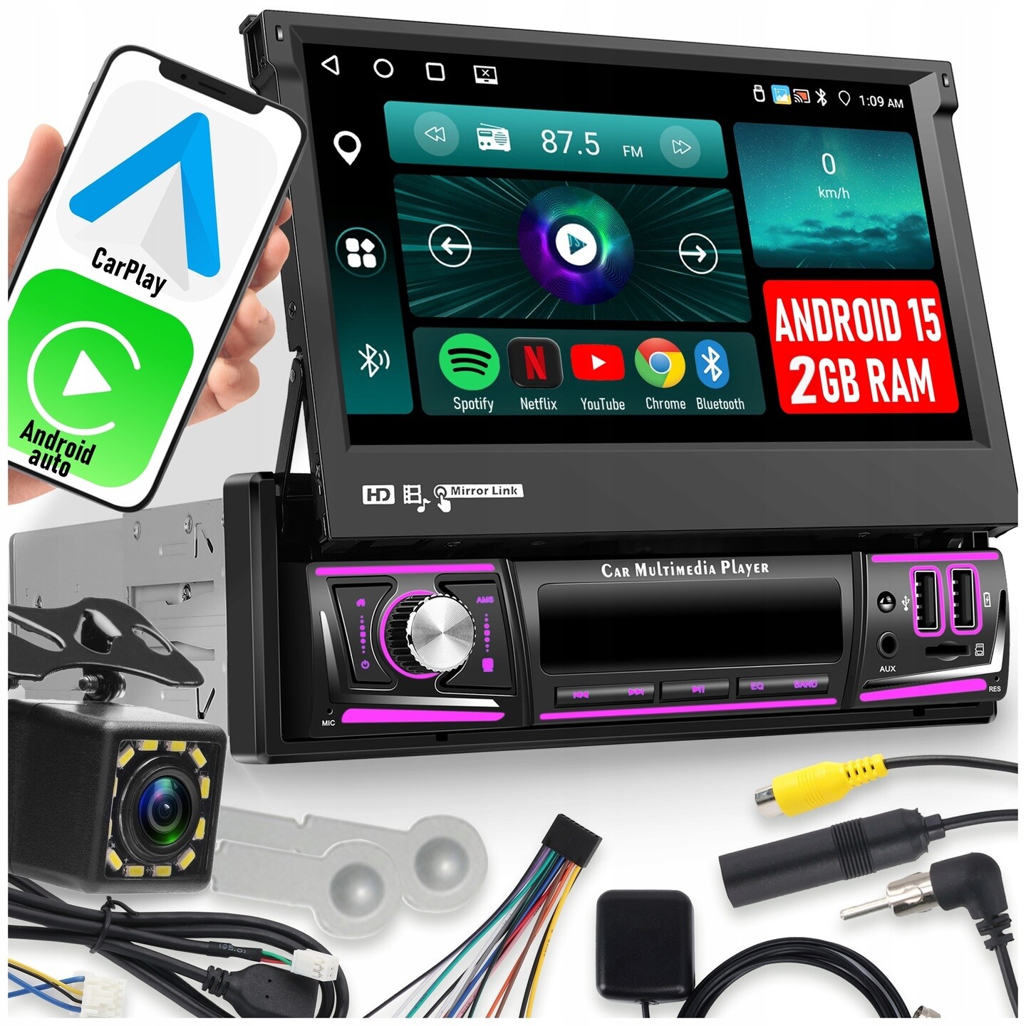 Autorádio 1DIN 7'' Carplay Android Wifi Rds Výsuvný Displej 2GB Ram