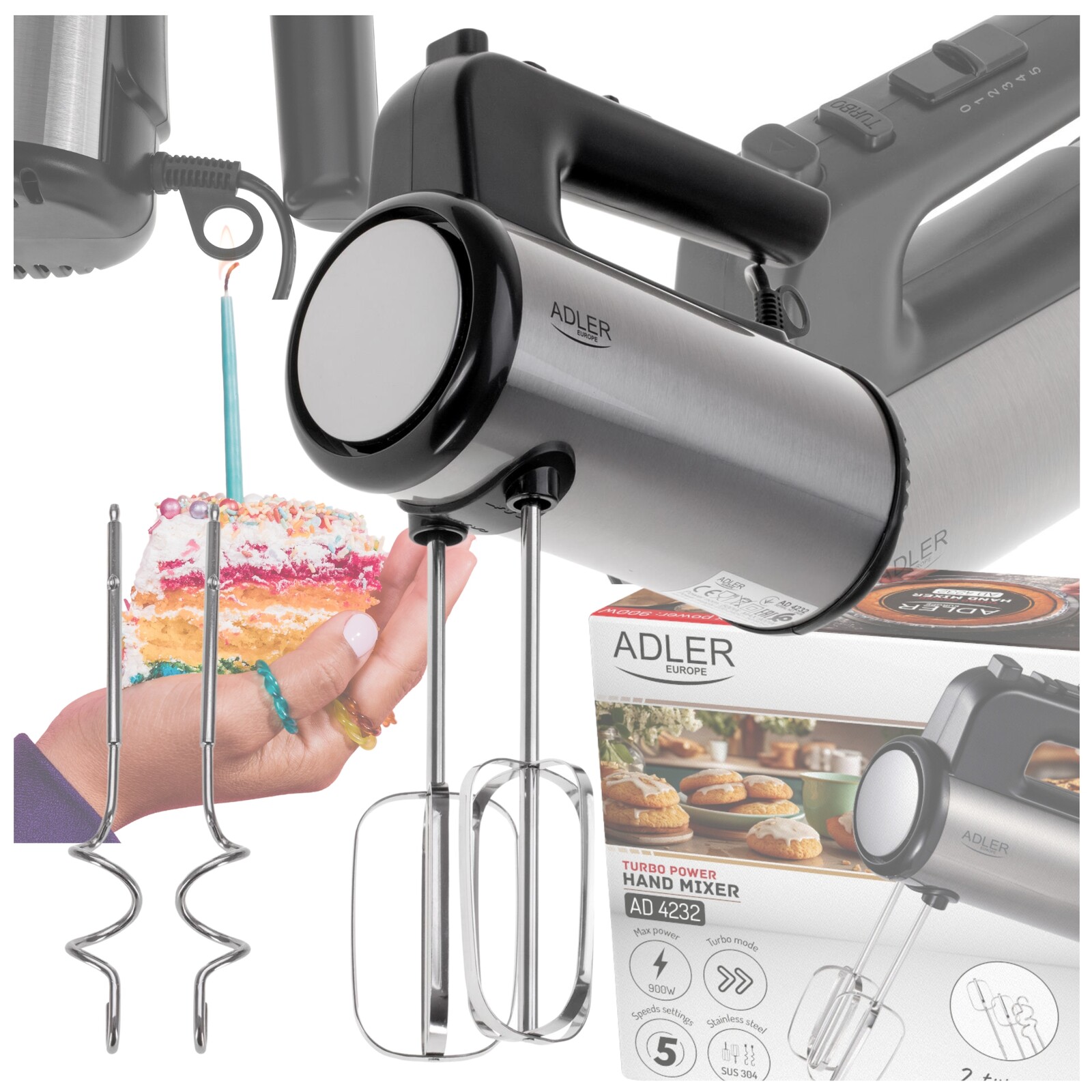 Silný kuchyňský ruční mixér 900 W 5 Rychlostí 4 Nástavce Pomalý start