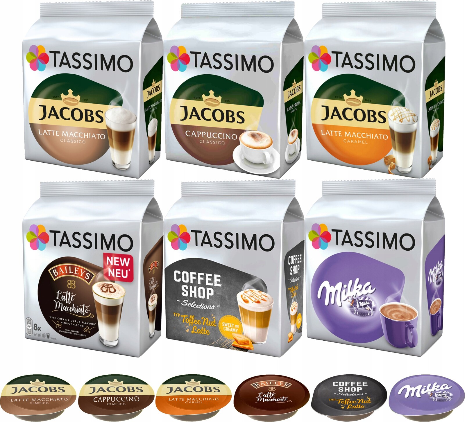 Kapsle Tassimo Jacobs mléčné kávy, Latte, Cappucino, 5+1 Bonus.