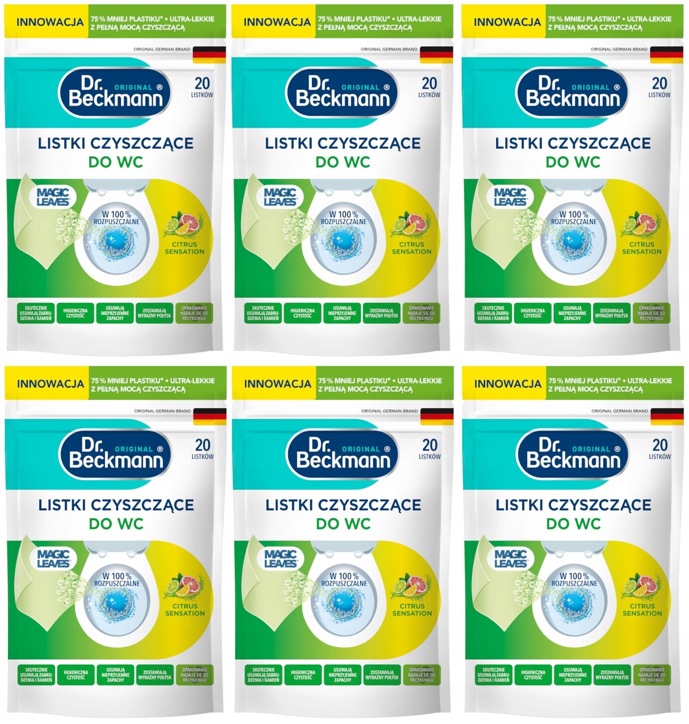 6 x Dr. Beckmann Magic Leaves Lístky na čištění Wc Kámen a Špína Bio x20