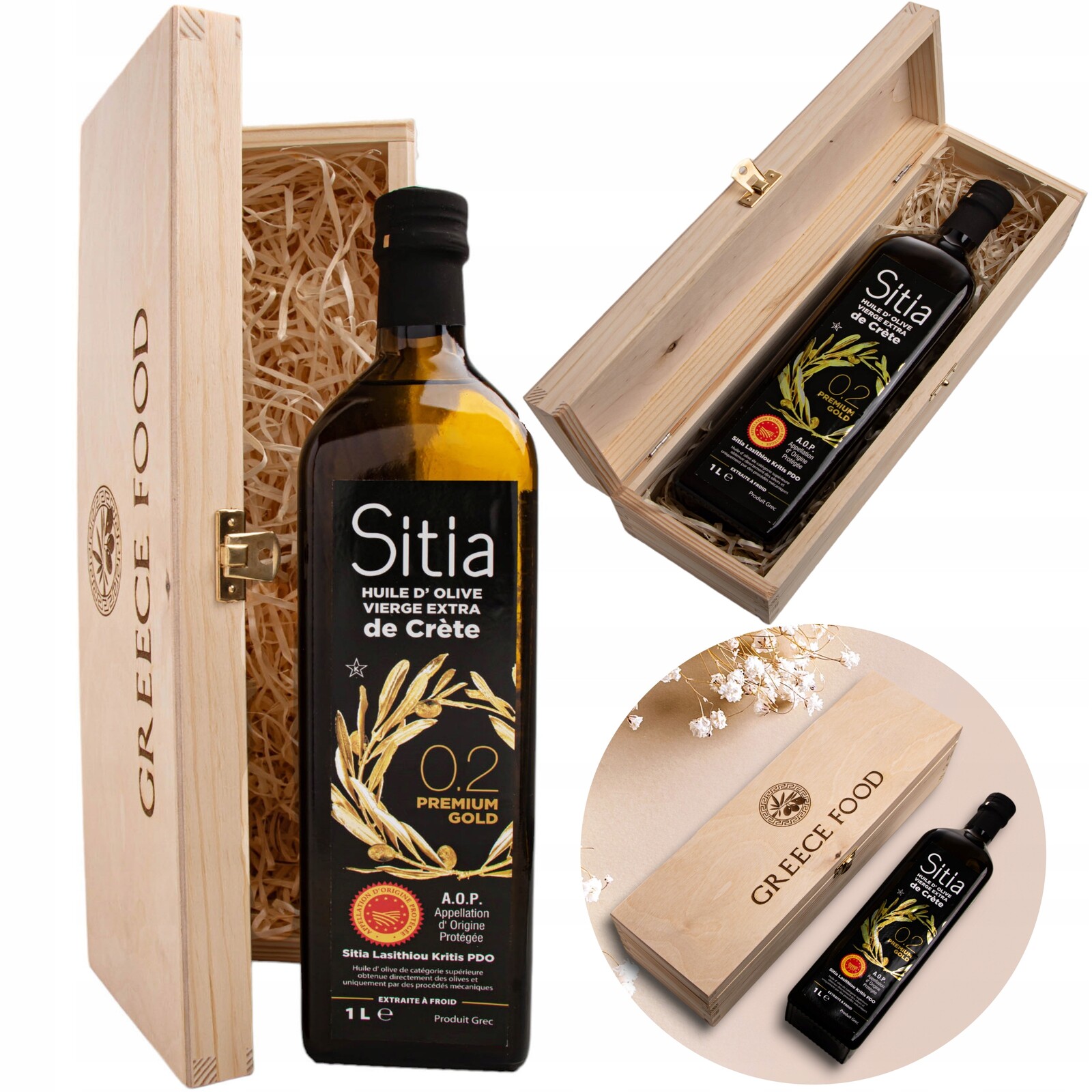 Řecký olej E.v. Sitia 0,2% lahev 1L v dřevěné krabičce na dárek