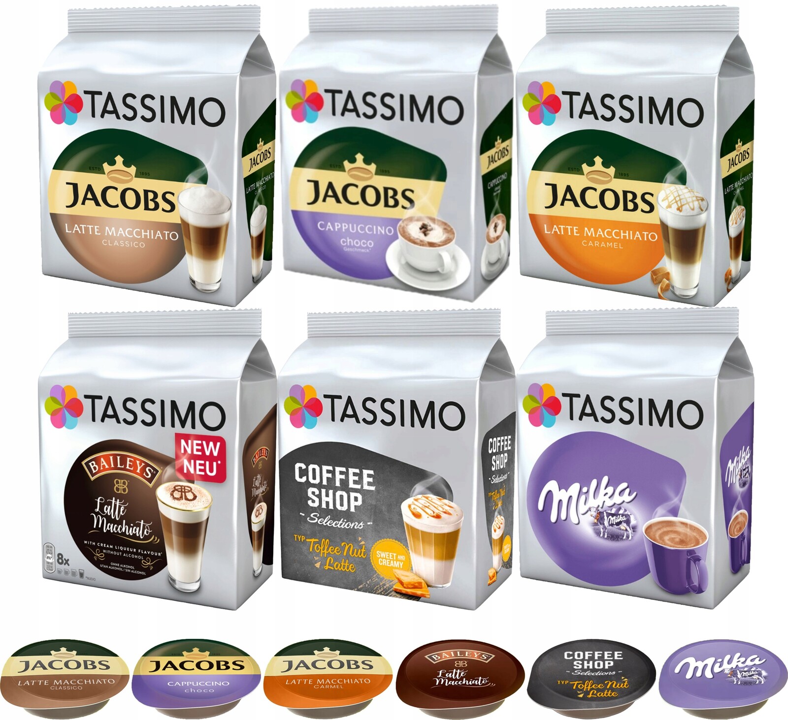 Kapsle Tassimo Sada Latte Macchiato s příchutí 48 káv, 5+1