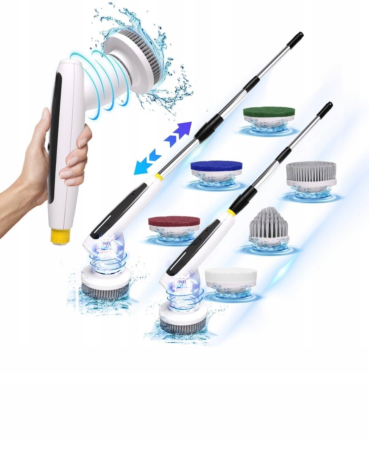 Elektrický teleskopický kartáč, 360° otočná myčka s vyměnitelnými hlavicemi