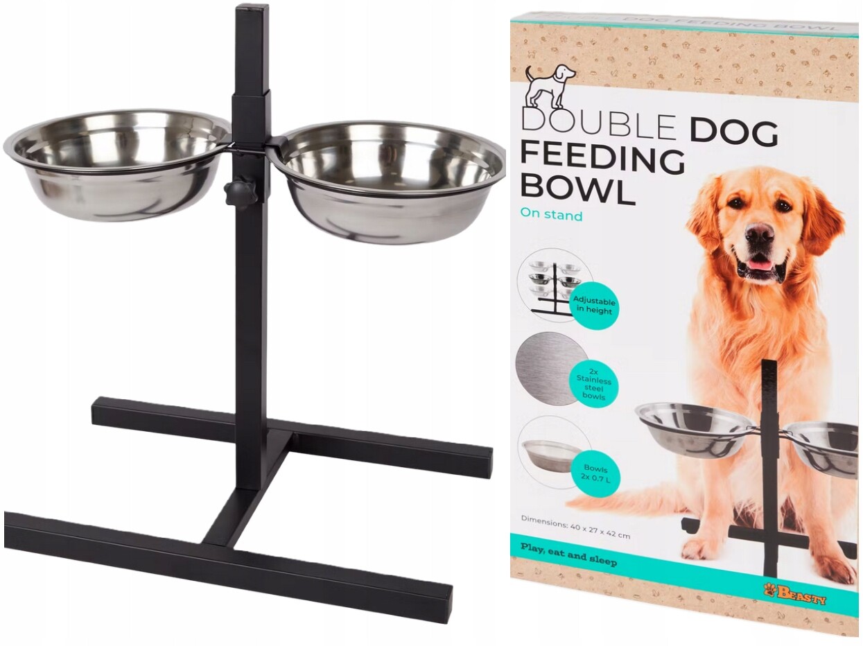 Dvojitá Miska Pro Psa Na Stojanu, Nastavitelná Výška, Pevný Kov