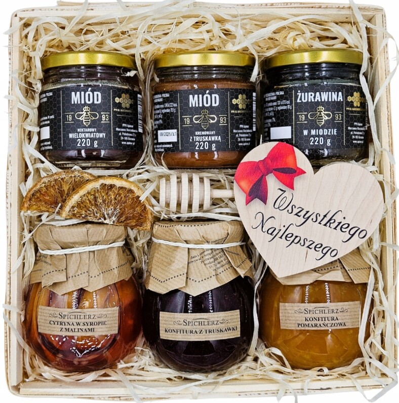 Dárkový koš Sada dárek k Narozeninám Jmeniny Med Zavařenina Sirup 40