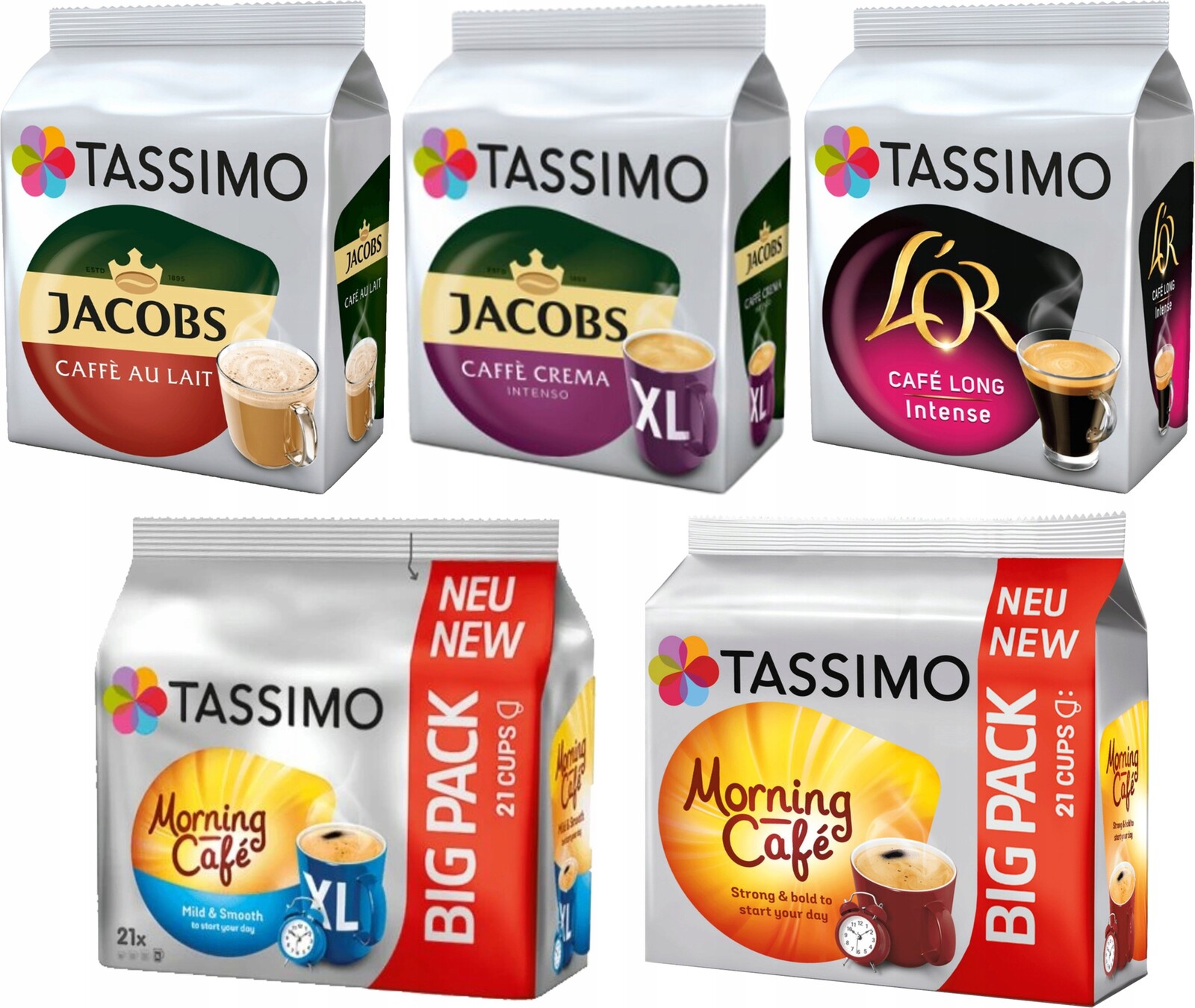 Kapsle Tassimo mix, sada černých a Au Lait káv, 5 balení, 90 kusů