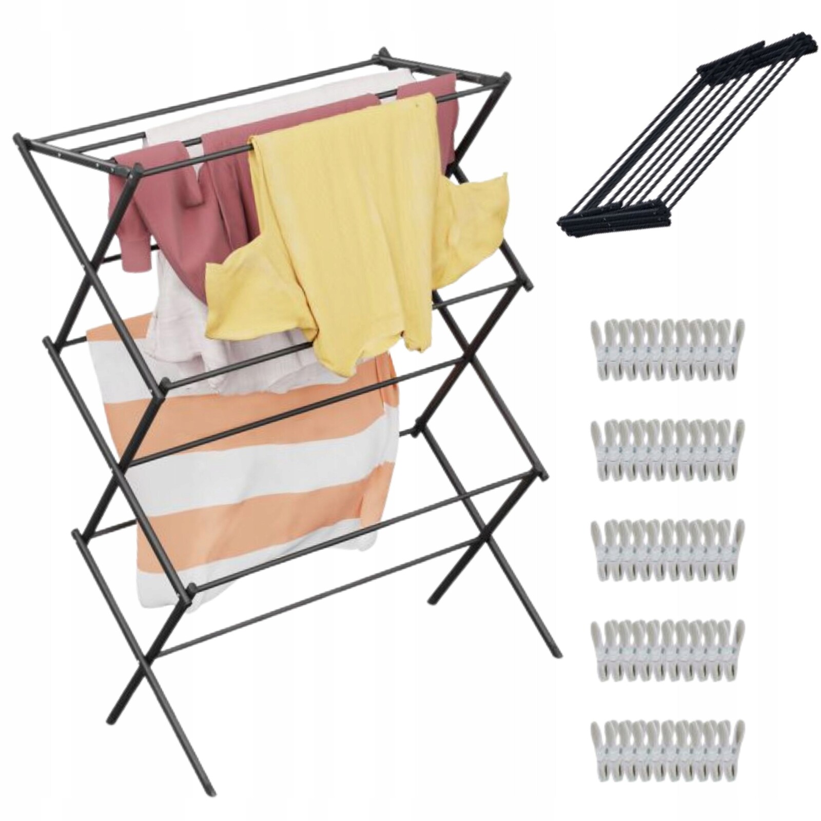 Sušák Na Oblečení Skládací 6 úrovní Kovová v sadě s 50 klipy
