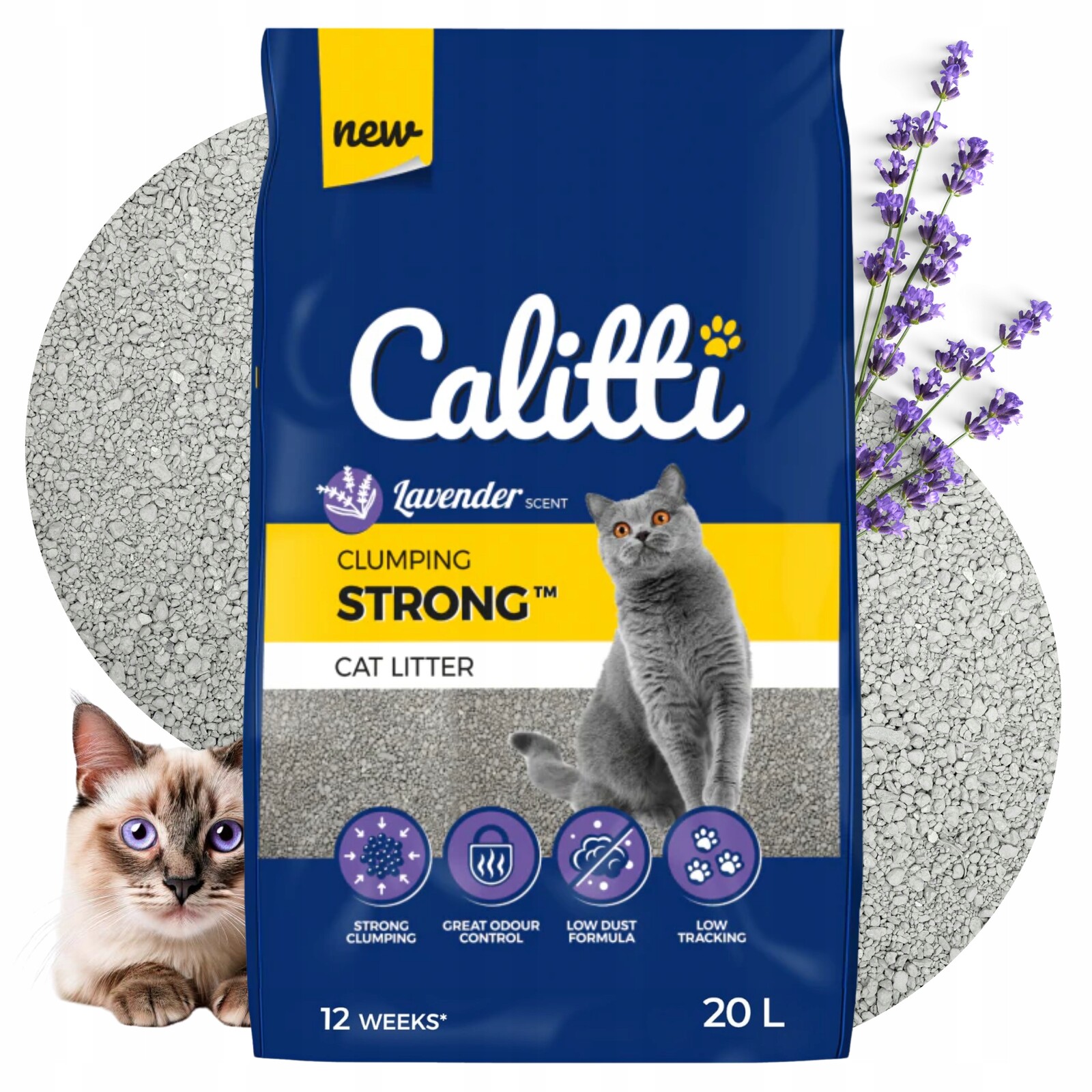 Bentonitové Stelivo hrudkující pro toaleta pro kočky Calitti levandulové 20 l