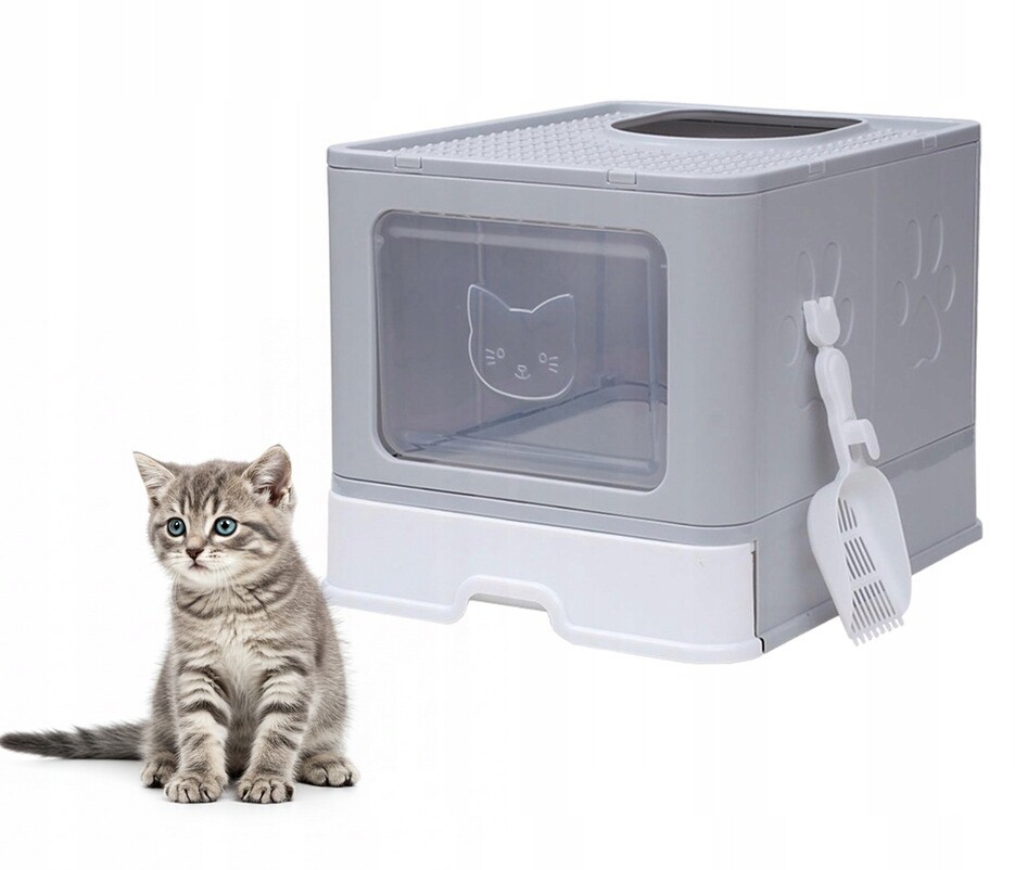 Toaleta Pro Kočky Uzavřená, Krytá, Šedá, Velká S Zásuvkou Lopatka Na Stelivo